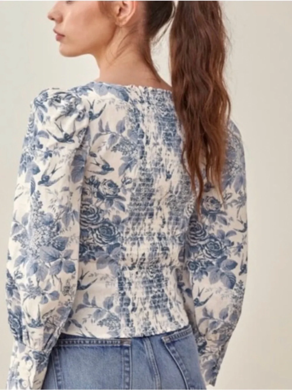 Reformation Stilton Linen Top White and Blue Floral Square-Neck Blouse